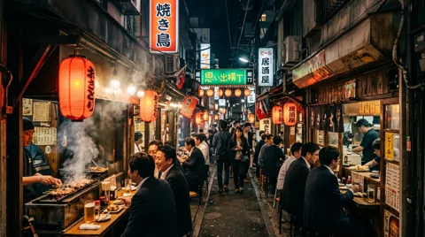 Lantern-lit alley, an illustrative Tokyo scene